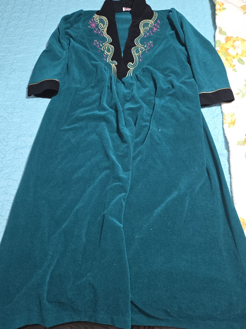 Vintage 1970s Velvet Maxi Robe with Embroidered V-Neck in Teal